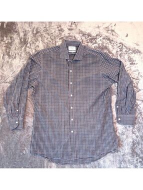 Ledbury Classic Fit Check Button Down Shirt Blue Brown 16.5 100% Cotton